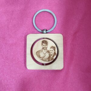 Personalized Engraved Wooden Keychain Square with Rotating Round Design
