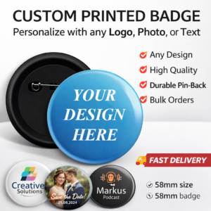 58mm Round Badge with Pin Customized Logo Photo Text