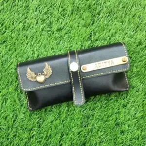 Black sunglass pouch used to store and protect sunglasses from scratches and dust