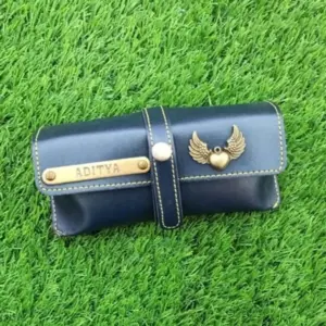 Blue sunglass pouch used to store and protect sunglasses from scratches and dust