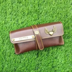Dark brown sunglass pouch used to store and protect sunglasses from scratches and dust