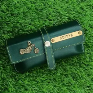 Green sunglass pouch used to store and protect sunglasses from scratches and dust