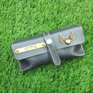 Grey sunglass pouch used to store and protect sunglasses from scratches and dust