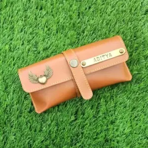 Tan brown sunglass pouch used to store and protect sunglasses from scratches and dust