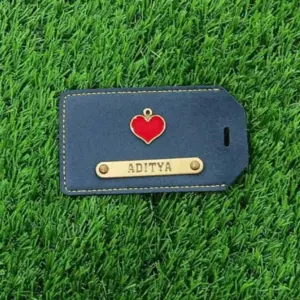 Blue luggage tag attached to suitcase for easy travel baggage identification