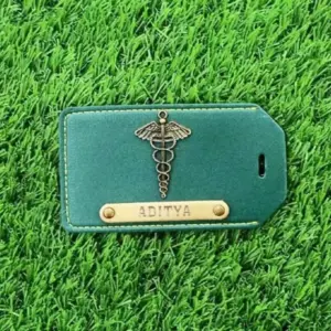 Green Luggage Tag attached to suitcase for easy baggage identification during travel