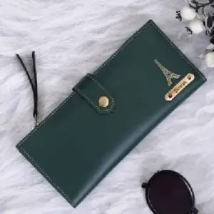 Stylish ladies 2 fold button wallet in green colour with compartments