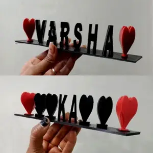 custom black flip name plate with red hearts for office desk and personalized gifting