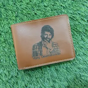 Personalized photo engraved wallet for men in tan brown colour