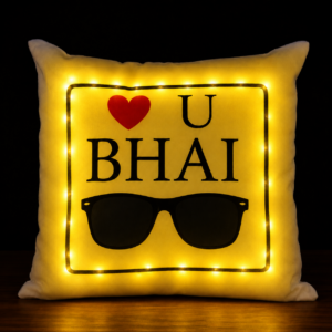 12x12 inch yellow LED satin pillow with warm glowing lights, custom photo printing area, personalized name cushion, illuminated gift for birthdays, anniversaries, and home decoration.