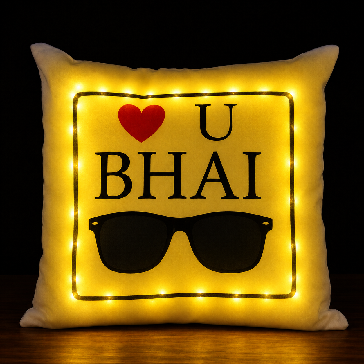 12x12 inch yellow LED satin pillow with warm glowing lights, custom photo printing area, personalized name cushion, illuminated gift for birthdays, anniversaries, and home decoration.