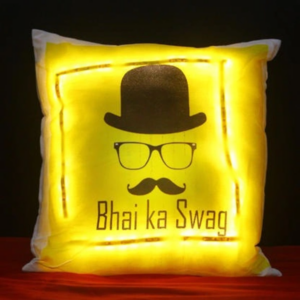 16x16 inch yellow LED satin pillow with warm glowing lights, personalized photo printing area, custom name cushion, decorative illuminated gift for birthdays and anniversaries.