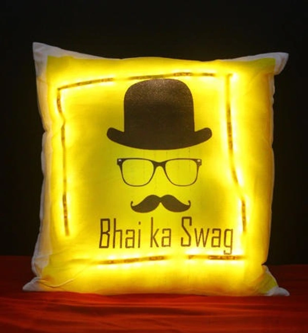 16x16 inch yellow LED satin pillow with warm glowing lights, personalized photo printing area, custom name cushion, decorative illuminated gift for birthdays and anniversaries.