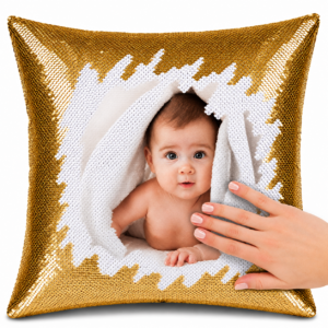 Gold Square Shaped Sequin Pillow with personalized photo printing,