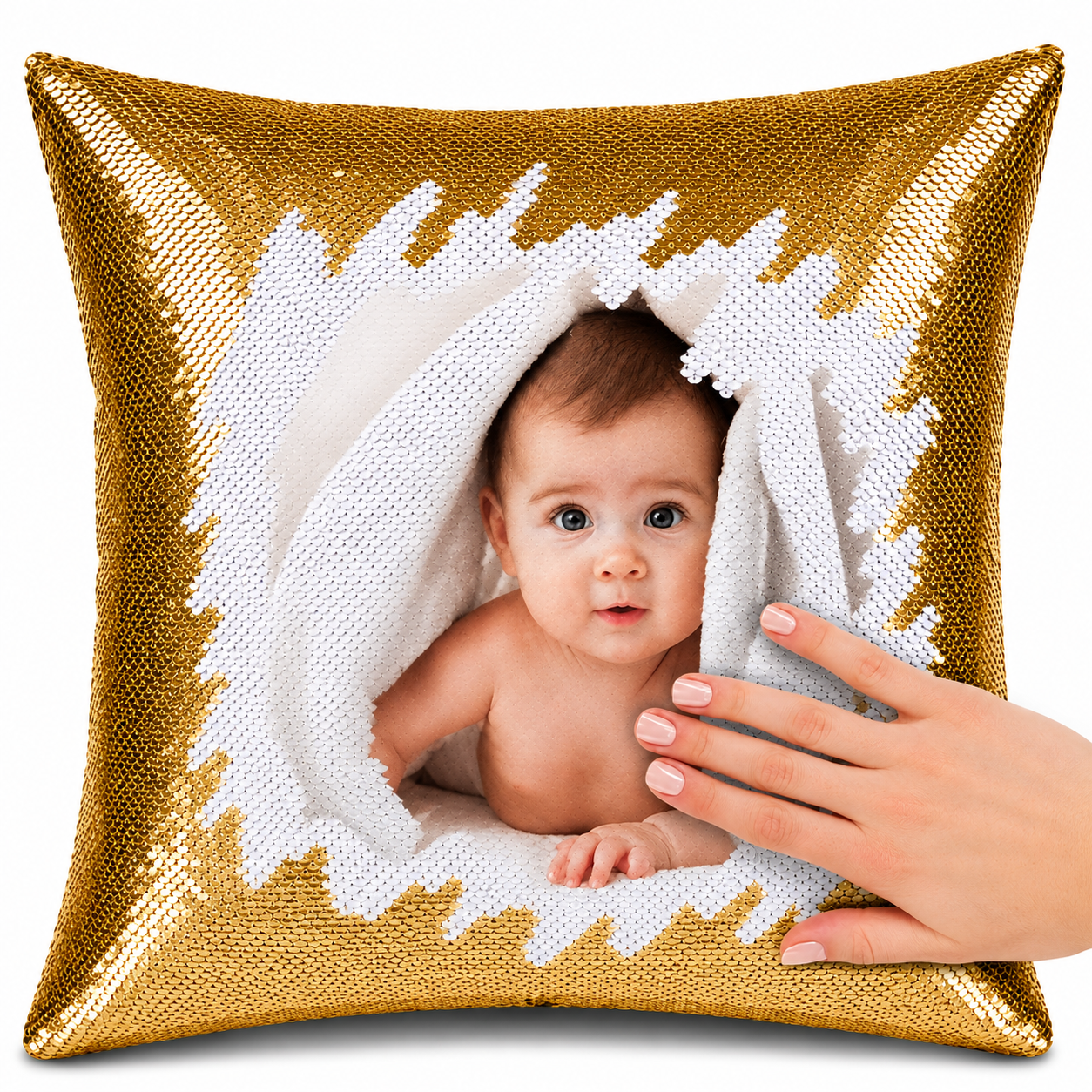 Gold Square Shaped Sequin Pillow with personalized photo printing,