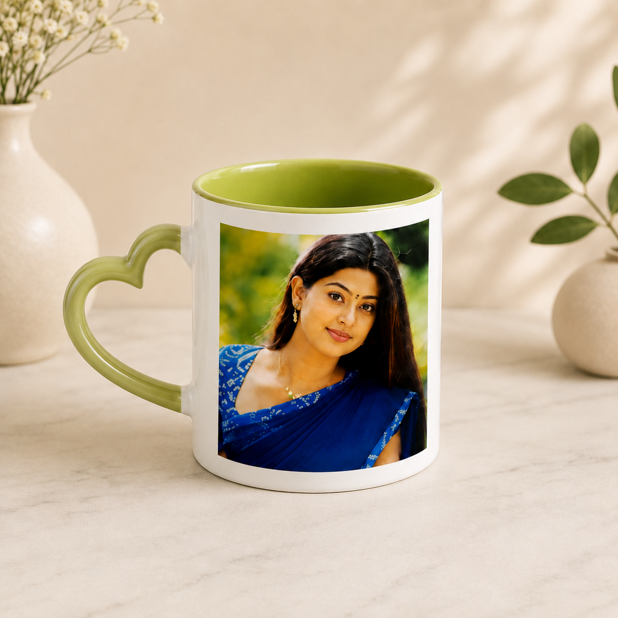 Baby Green Heart Handle Mug with Personalized Photo Printing Ceramic Coffee Mug