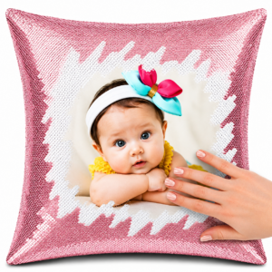 Baby Pink Square Shaped Sequin Pillow with personalized photo printing, magic reversible sequin cushion, custom photo pillow gift for baby memories, baby showers, birthdays, anniversaries, Valentine's Day, and home decoration.