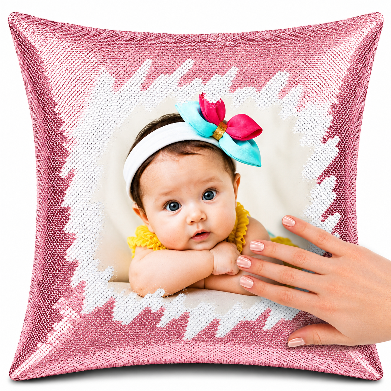 Baby Pink Square Shaped Sequin Pillow with personalized photo printing, magic reversible sequin cushion, custom photo pillow gift for baby memories, baby showers, birthdays, anniversaries, Valentine's Day, and home decoration.