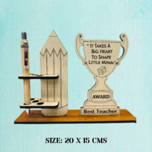 Best Teacher Award Pen Stand with inspirational trophy quote, pencil design, wooden desk organizer, personalized teacher gift, Teachers Day appreciation gift with pen holder.