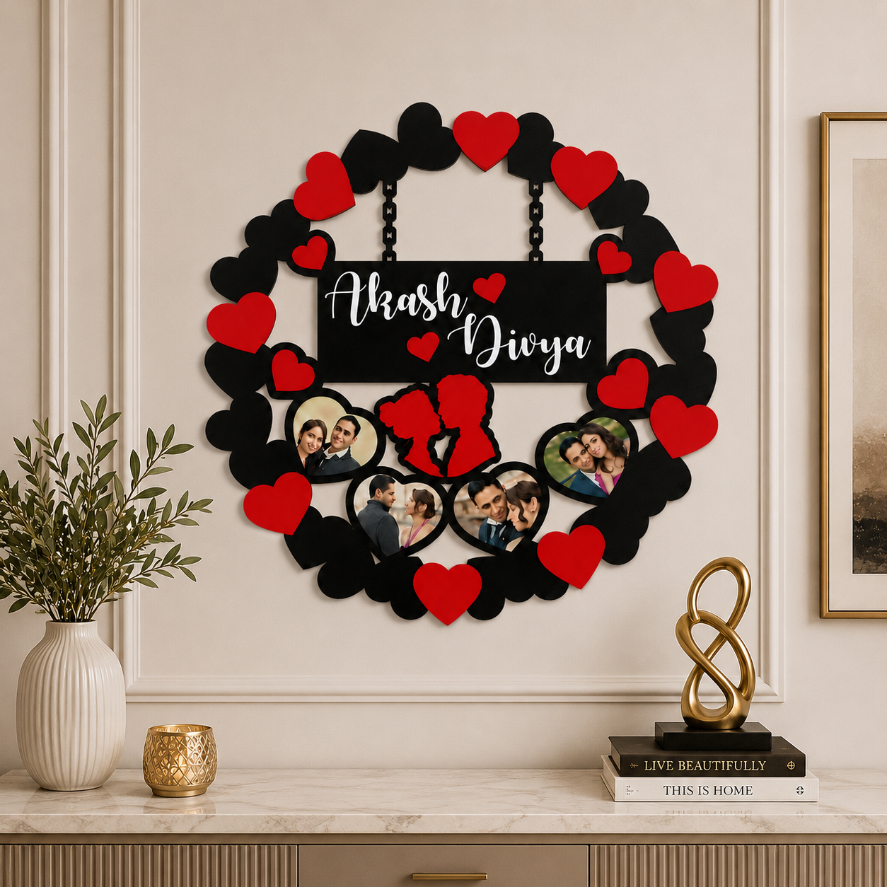 16x16 Inch with Couple Names and Photos Black & Red Hearts Personalized LED MDF Cutout Frame - Image 2