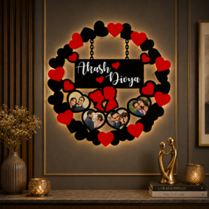 Black & Red Hearts Personalized LED MDF Cutout Frame 16x16 Inch with Couple Names and Photos