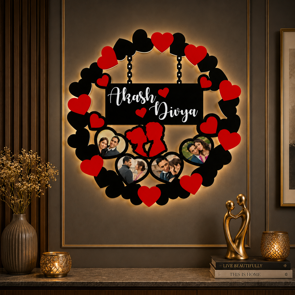 Black & Red Hearts Personalized LED MDF Cutout Frame 16x16 Inch with Couple Names and Photos