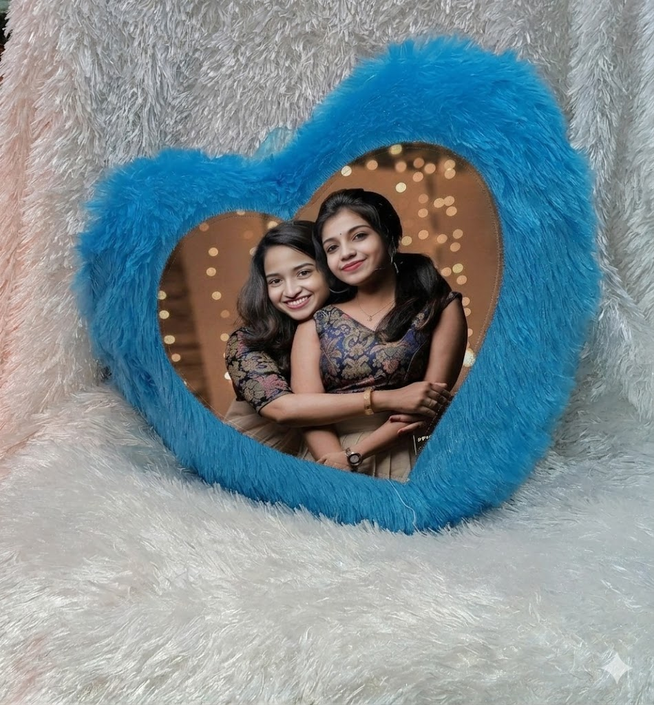 Blue Heart Fur Cushion Personalized Friendship Photo Pillow