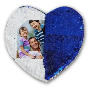 Blue Heart Shaped Sequin Pillow with reversible magic sequins and custom photo printing,