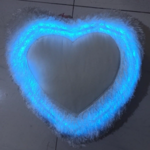 Blue LED Fur Pillow with heart-shaped design, personalized photo printing area, soft white fur fabric, glowing blue illumination, romantic gift for anniversaries and special occasions.