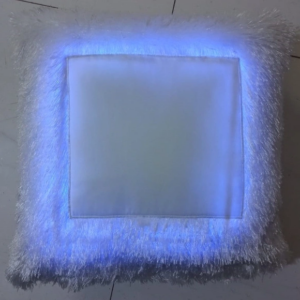 Blue LED photo pillow with custom photo printing, glowing blue light border, soft furry fabric, and personalized cushion design for gifting and home décor.