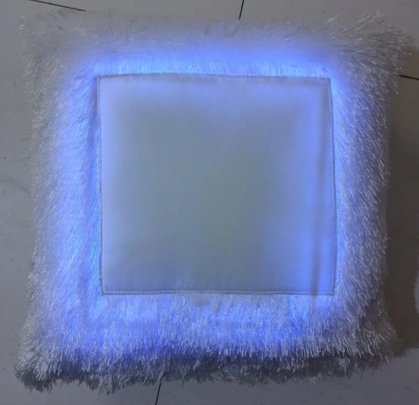 Blue LED photo pillow with custom photo printing, glowing blue light border, soft furry fabric, and personalized cushion design for gifting and home décor.
