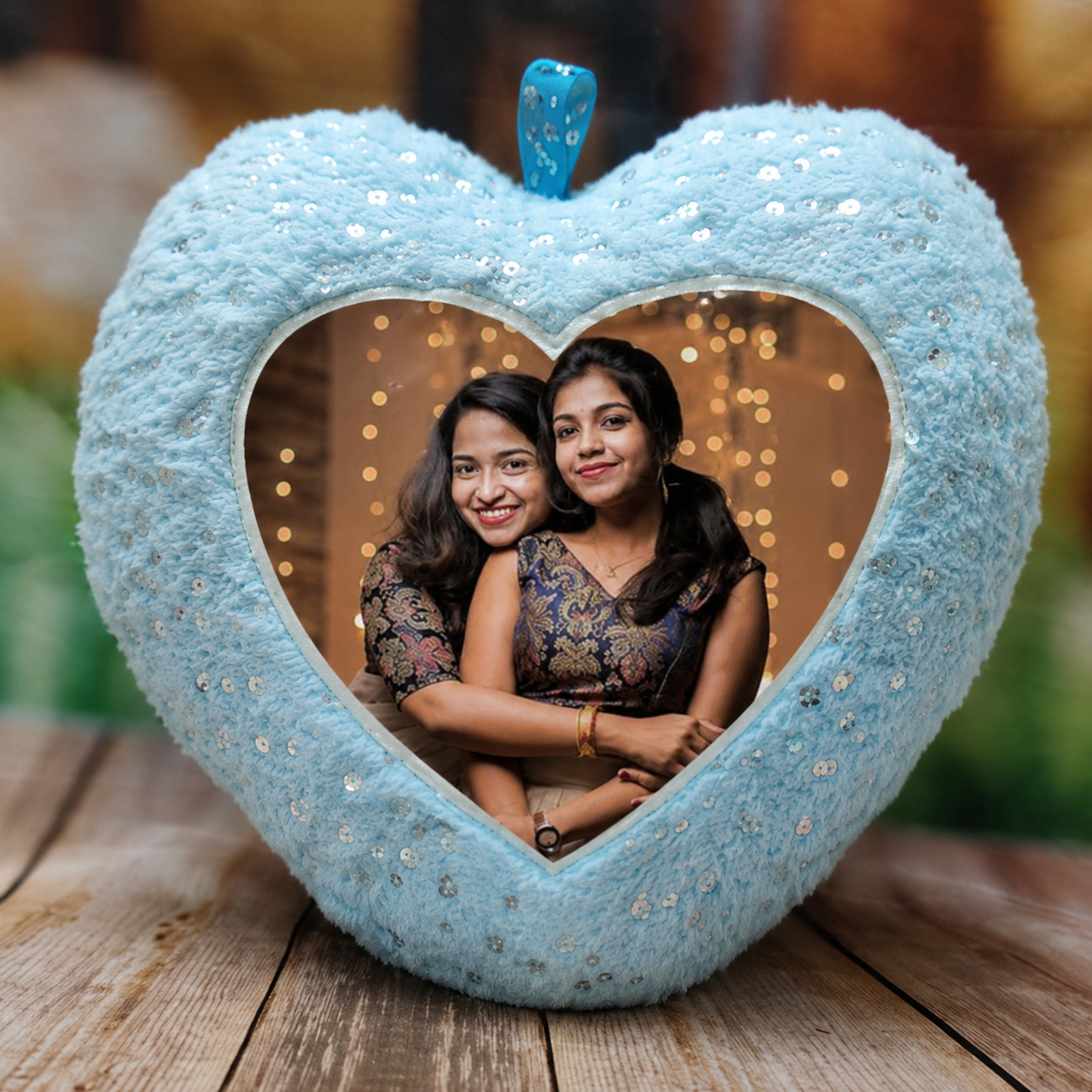 Blue Sister Photo Heart Cushion with personalized photo printing,