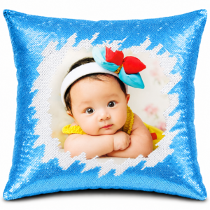 Blue Square Shaped Sequin Pillow with personalized photo printing