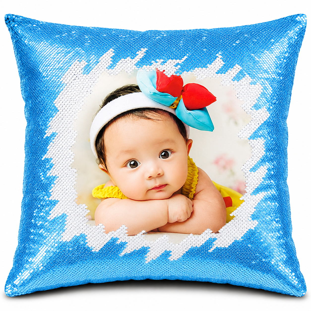 Blue Square Shaped Sequin Pillow with personalized photo printing