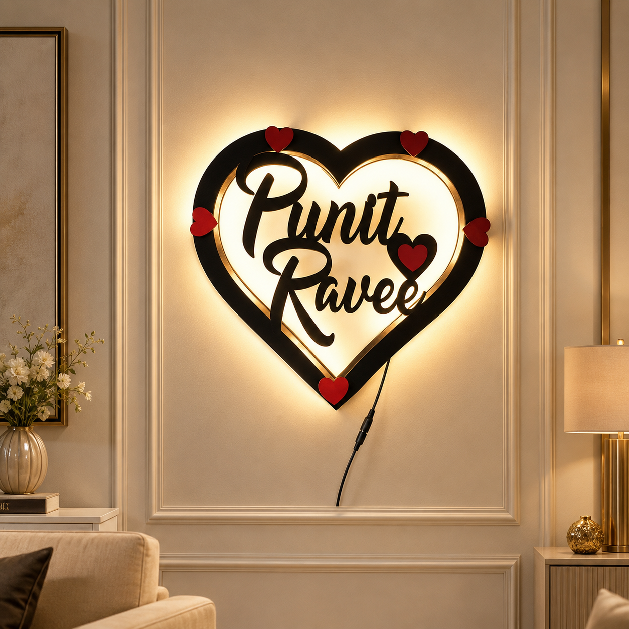 Custom Couple Name Frame Heart Shape 11 Inch Personalized LED Wall Decor