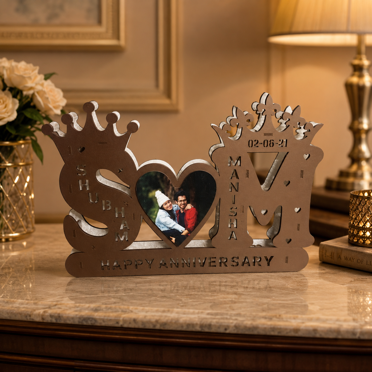 15x23 Inch LED Couple Initials with Crowns Personalized Wooden LED Name Board - Image 2