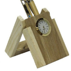 Personalized Double Pen Stand with analog clock, wooden desk organizer, custom engraved office accessory, executive desk gift, dual pen holder, corporate gifting product, premium wooden pen stand with clock.