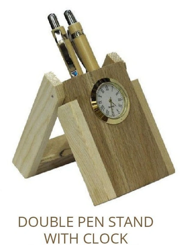 Personalized Double Pen Stand with analog clock, wooden desk organizer, custom engraved office accessory, executive desk gift, dual pen holder, corporate gifting product, premium wooden pen stand with clock.