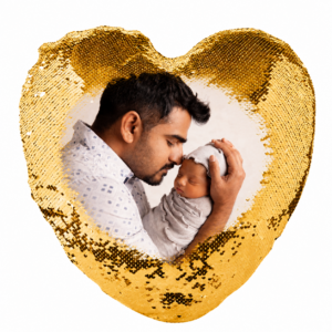 Gold Heart Shaped Sequin Pillow with reversible magic sequins and custom photo printing, personalized heart cushion, luxury gold decorative pillow for baby photos