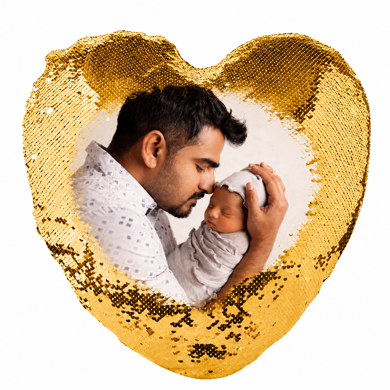 Gold Heart Shaped Sequin Pillow with reversible magic sequins and custom photo printing, personalized heart cushion, luxury gold decorative pillow for baby photos