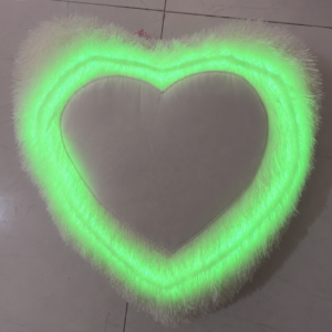 Green LED Fur Pillow with heart-shaped design, personalized photo printing area, soft white fur fabric, glowing green illumination