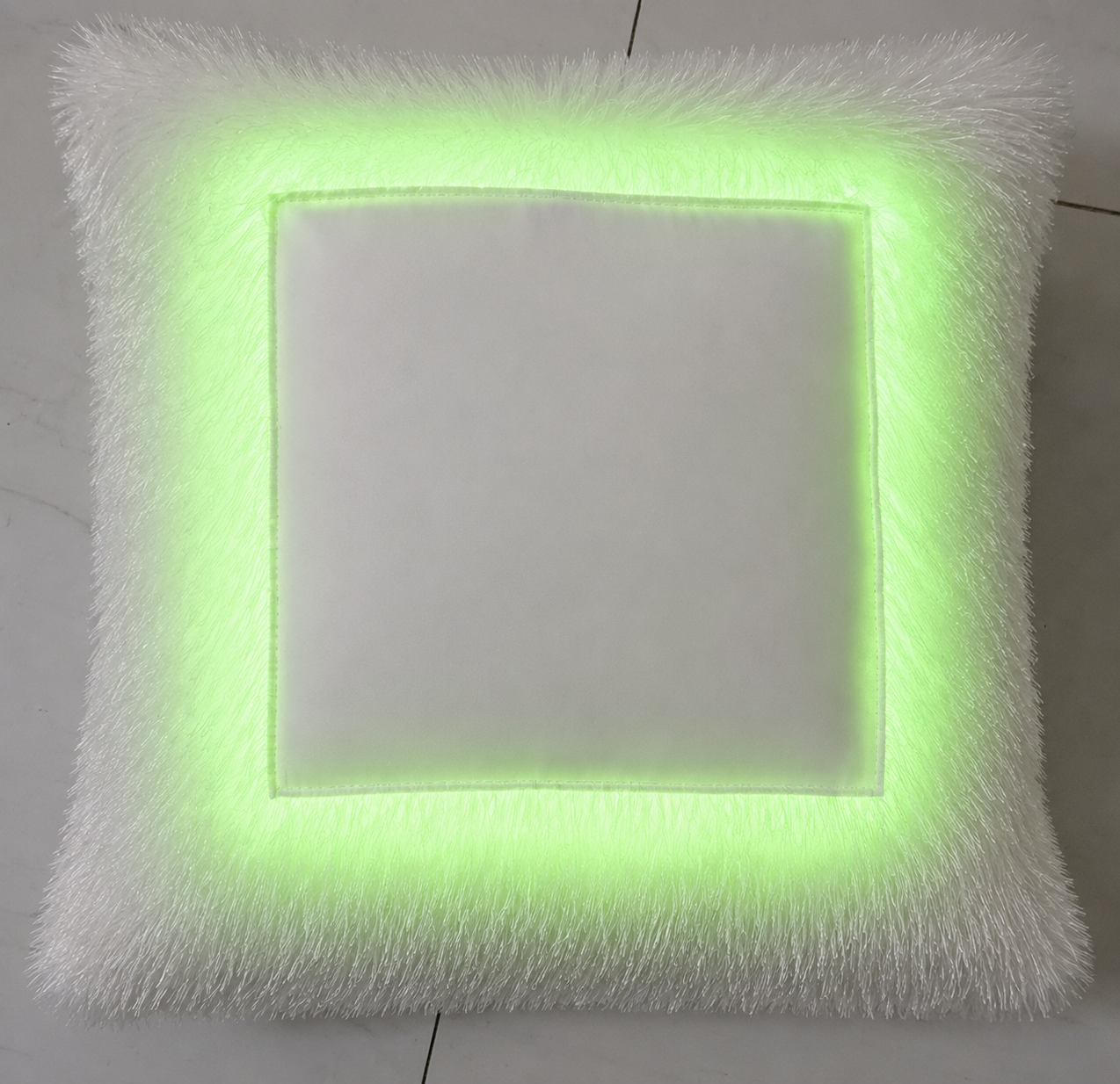 Green LED photo pillow with custom photo printing area, white fur fabric, glowing green - Image 2