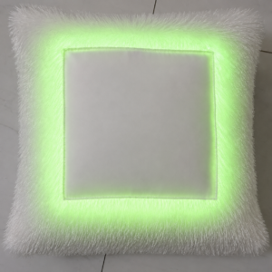 Green LED photo pillow with custom photo printing area, white fur fabric, glowing green illumination, personalized cushion for gifting and home decoration.