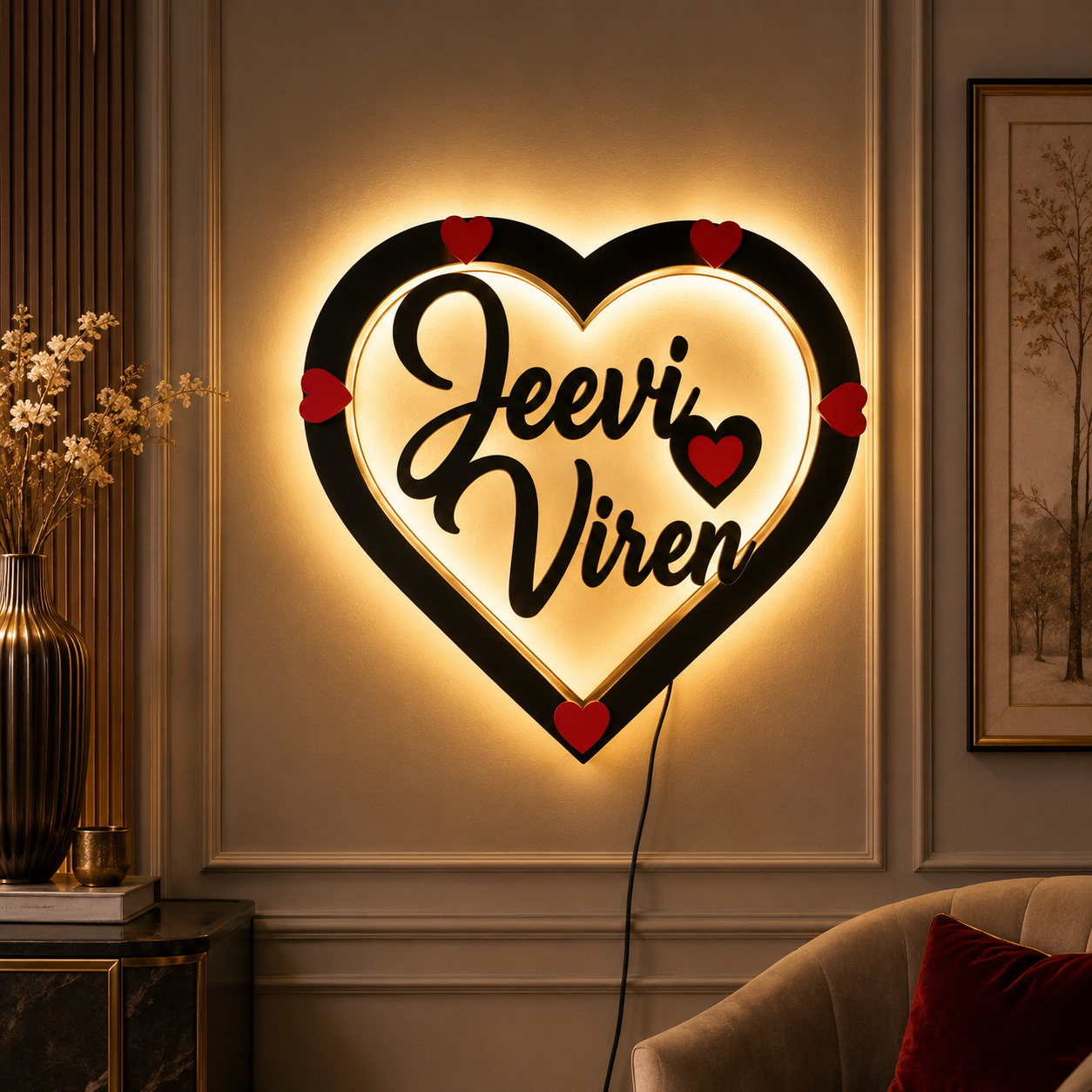 Heart LED Name Frame 15x15 Inch Personalized Couple Name MDF Wall Decor with Warm Backlit LED