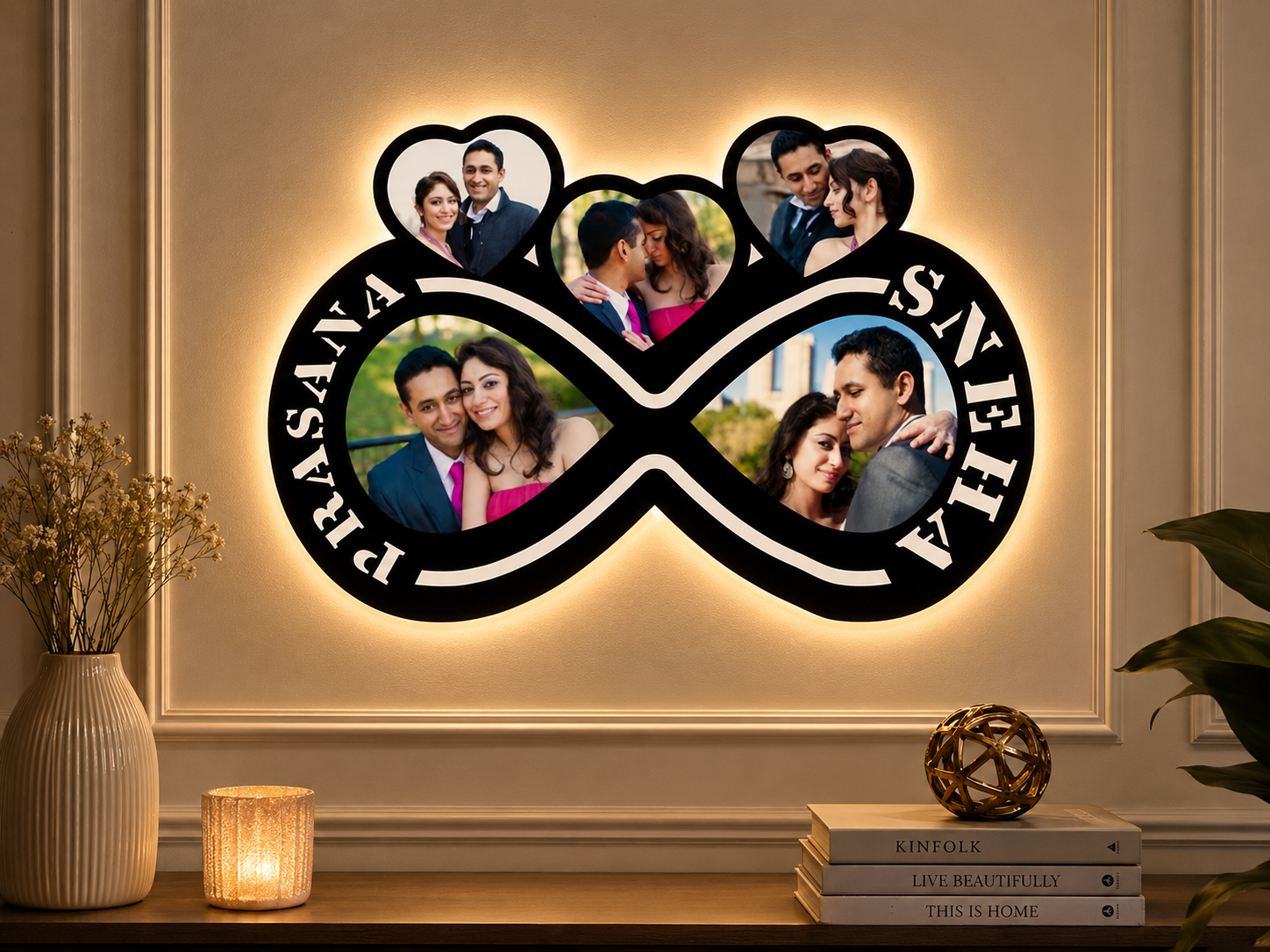 12x18" Inch Standard Frame SizeInfinity Couple with Backlit LED MDF Cutout Frame personalized with names and couple photos LED wall decor gift