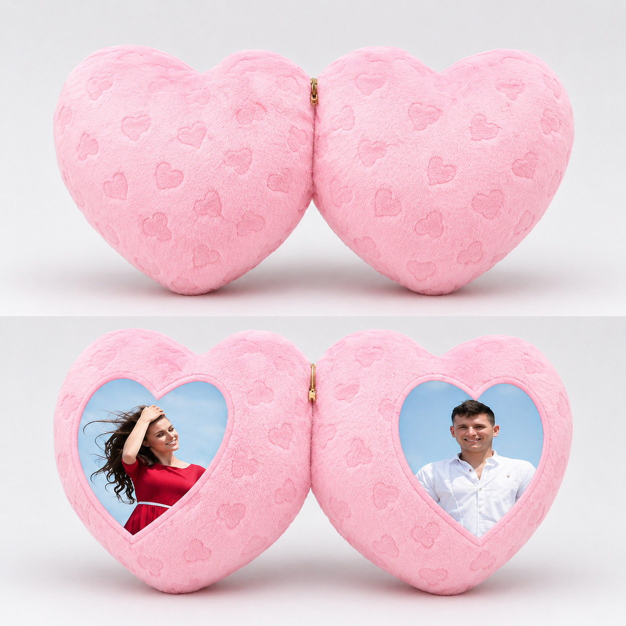 Light pink double heart pillow with custom photo printing for couples, made from soft plush fabric and personalized with two photographs.