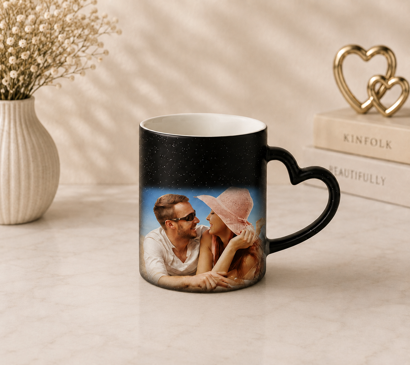 Magic Mug Sparkle Heart Handle Personalized Photo Color Changing Ceramic Mug