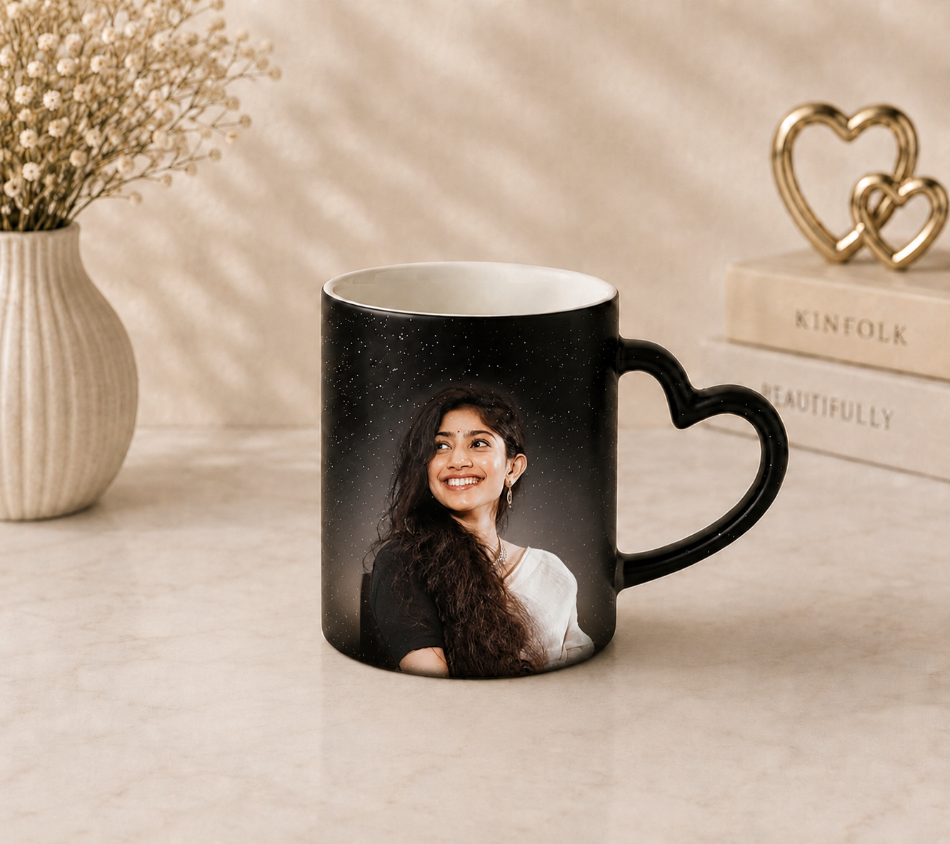 Magic Mug Sparkle Heart Handle Personalized Photo Printing Color Changing Ceramic Mug