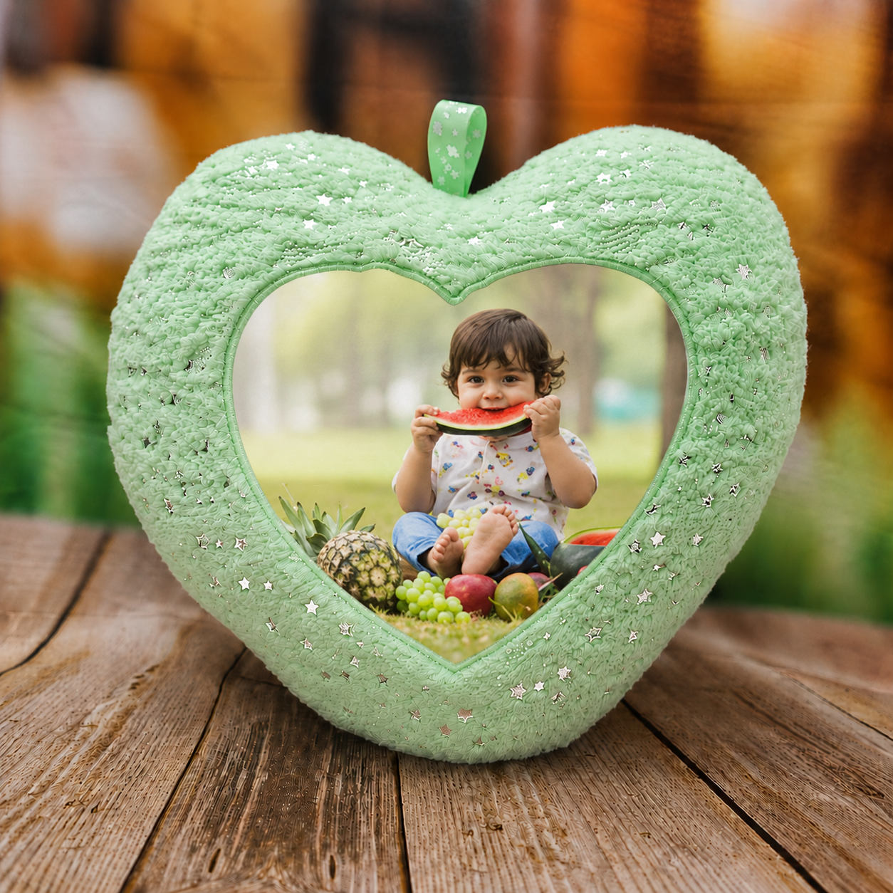 Mint Green Foil Heart Personalized Photo Cushion with Custom Baby Photo Printing