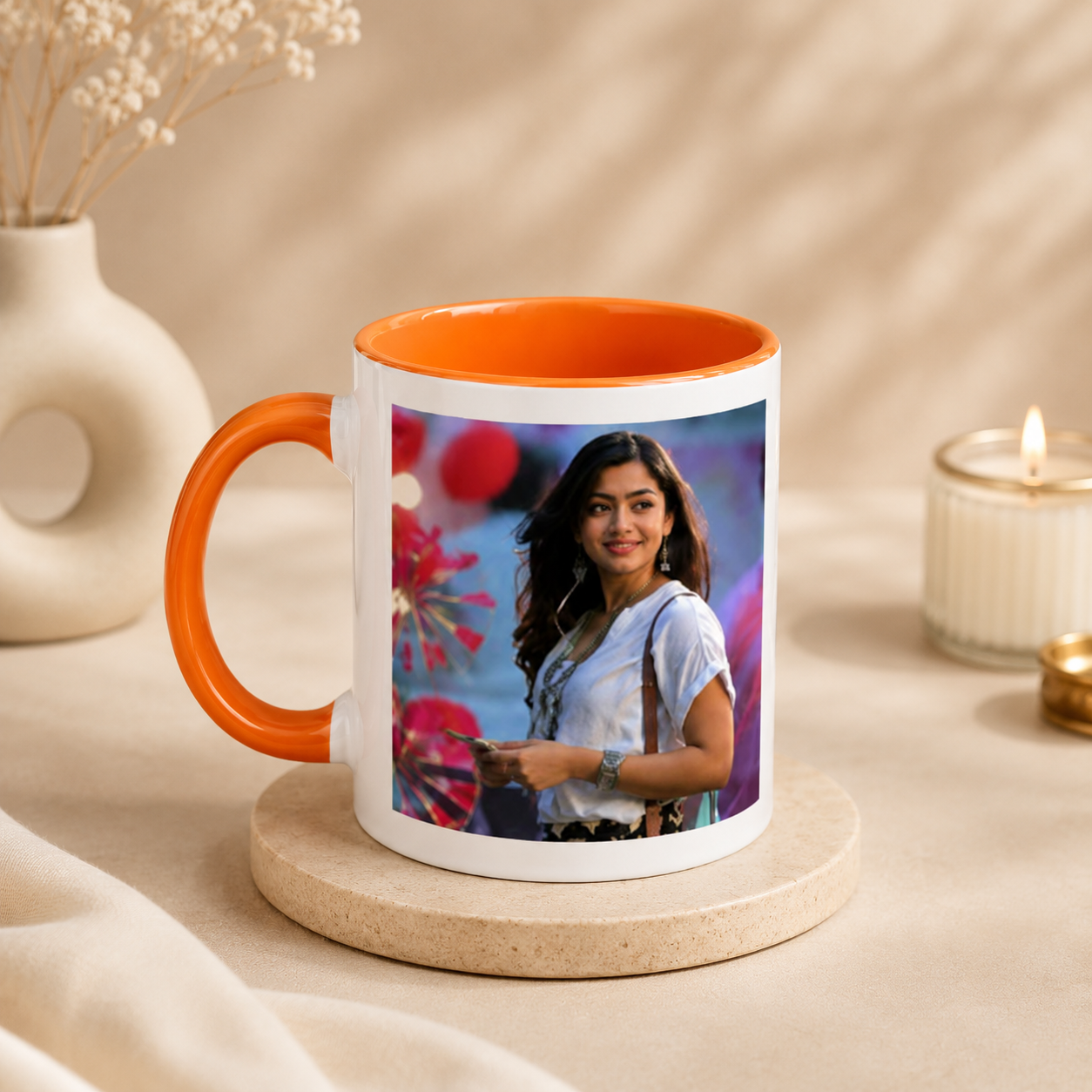Orange Inner and Handle Color Mug with Personalized Photo Printing Ceramic Coffee Mug